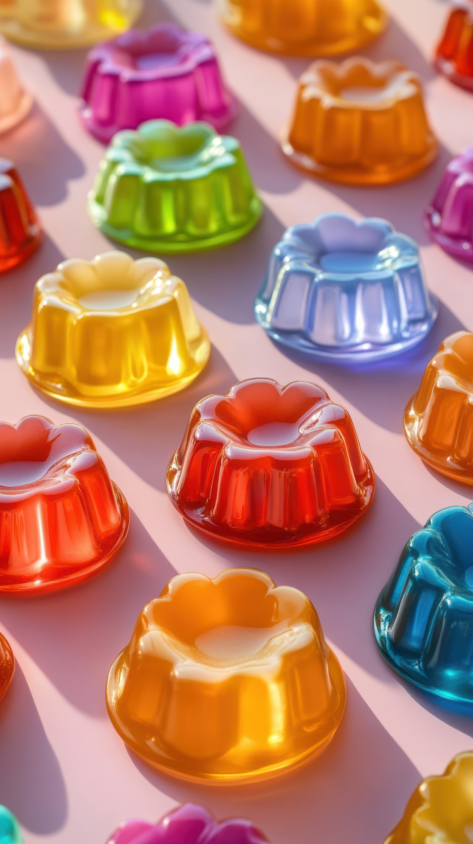 Colorful gelatin desserts arranged in a vibrant display on a pastel surface during daylight
